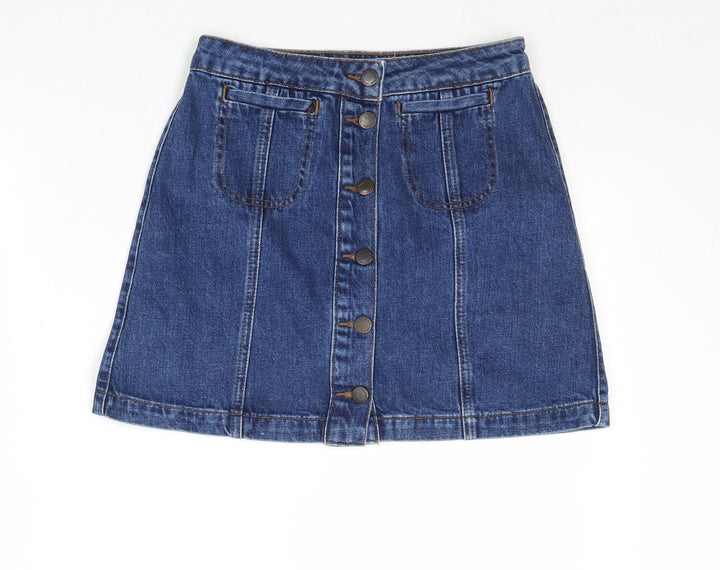 Topshop Womens Blue Cotton A-Line Skirt Size 26 in Button