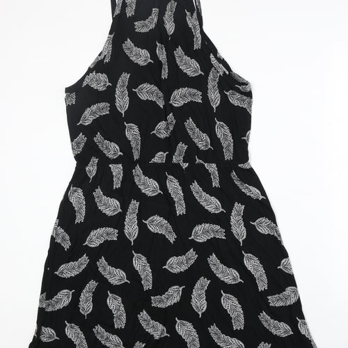 H&M Womens Black Geometric Viscose A-Line Size M V-Neck Pullover - Feather Pattern
