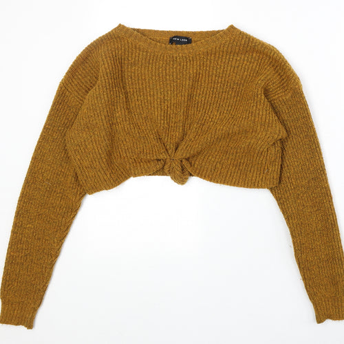 New Look Womens Yellow Boat Neck Acrylic Pullover Jumper Size M - Knot Front
