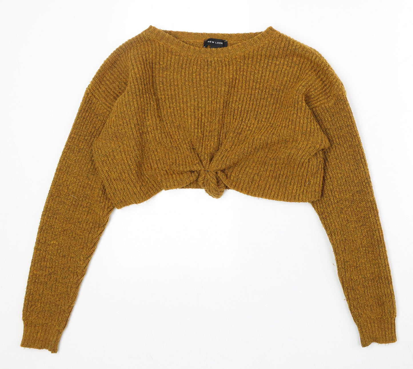 New Look Womens Yellow Boat Neck Acrylic Pullover Jumper Size M - Knot Front