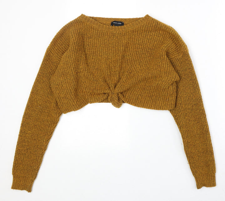 New Look Womens Yellow Boat Neck Acrylic Pullover Jumper Size M - Knot Front