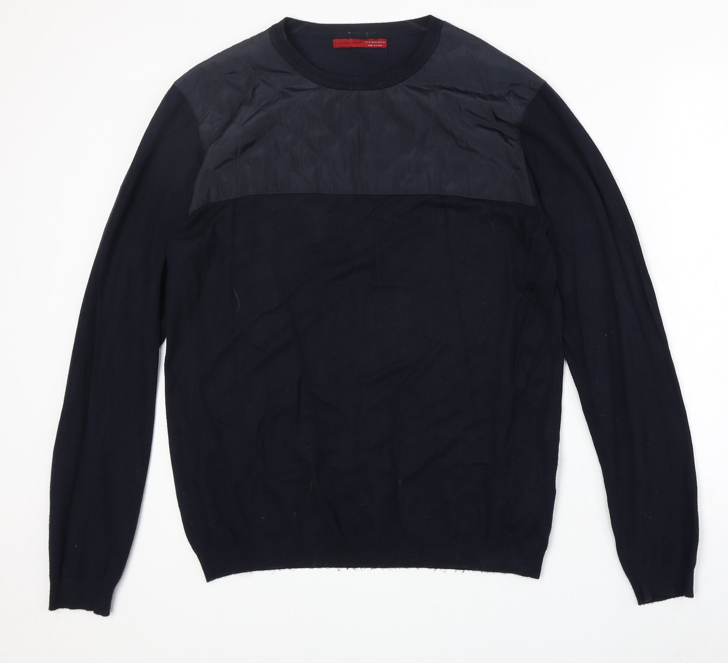 Zara Mens Blue Round Neck Polyester Pullover Jumper Size XL Long Sleeve