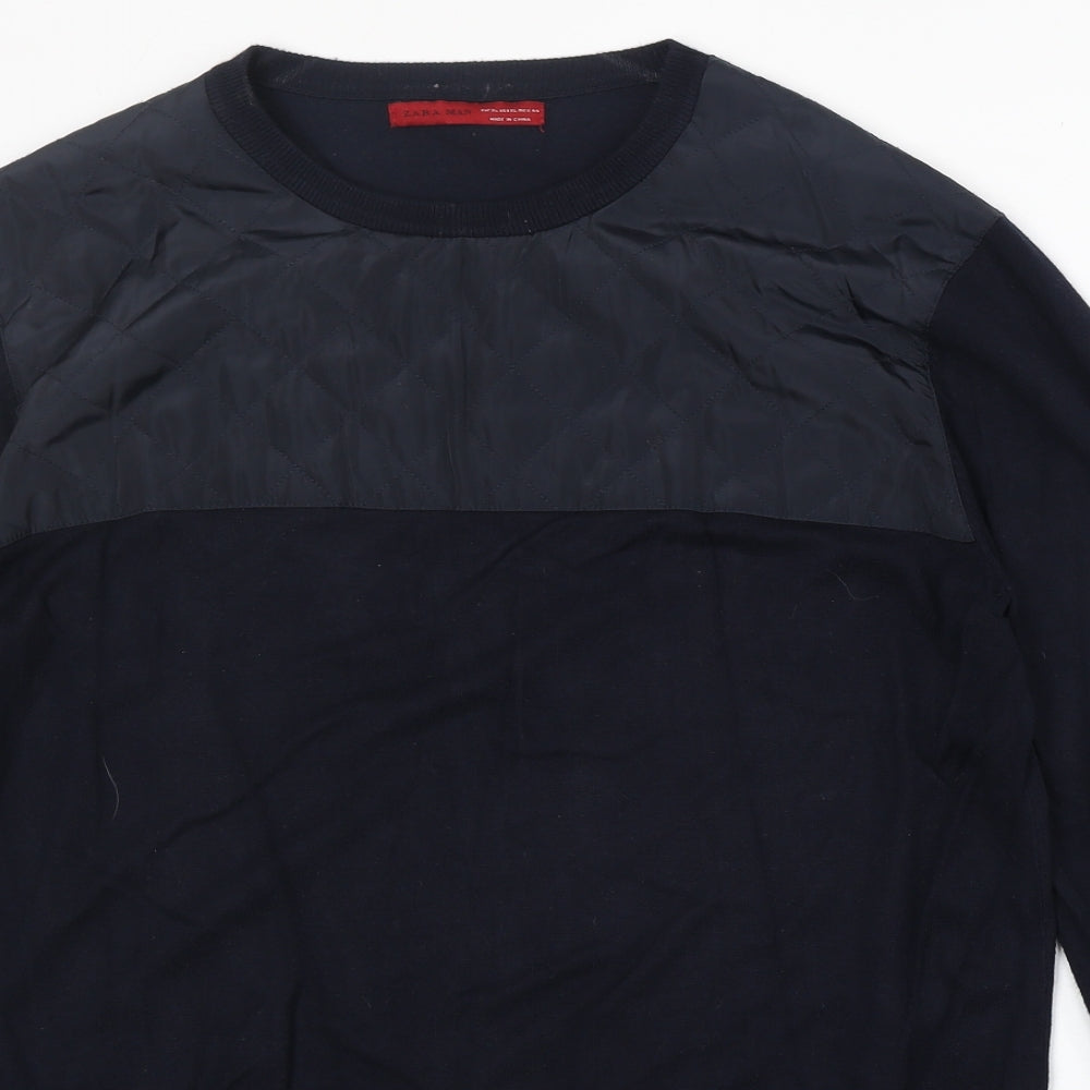 Zara Mens Blue Round Neck Polyester Pullover Jumper Size XL Long Sleeve