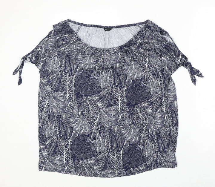 M&Co Womens Blue Geometric Viscose Basic T-Shirt Size 14 Round Neck