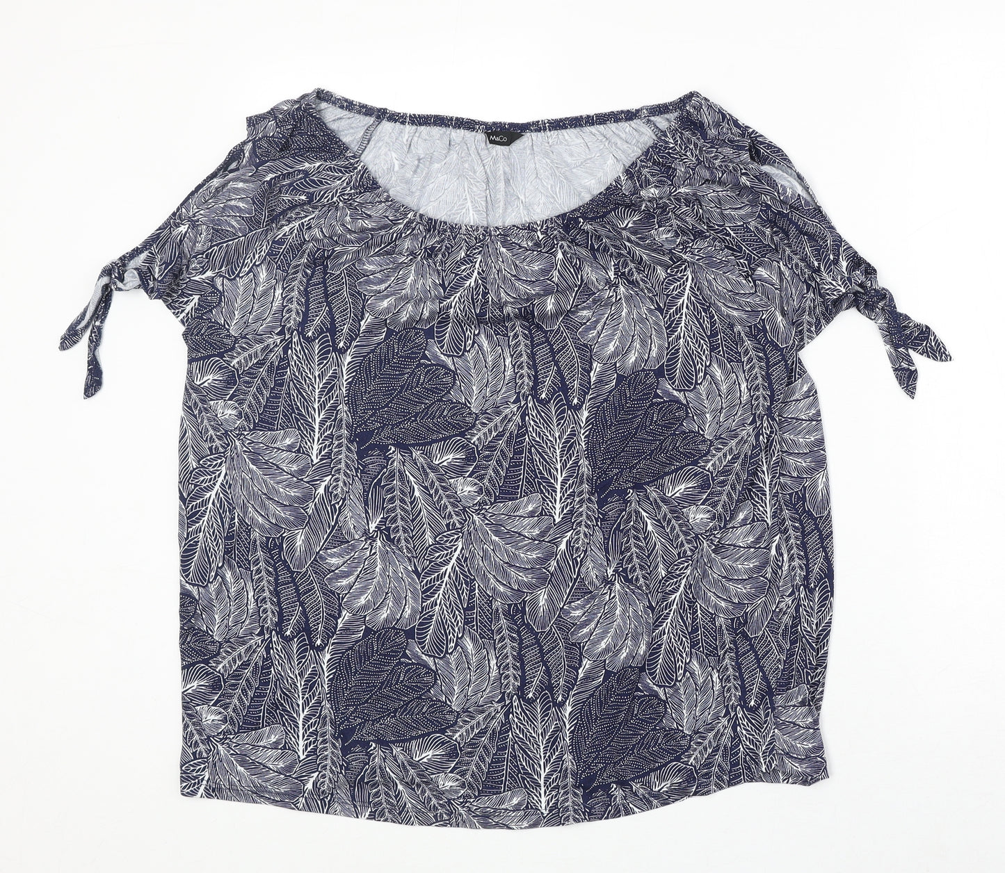 M&Co Womens Blue Geometric Viscose Basic T-Shirt Size 14 Round Neck