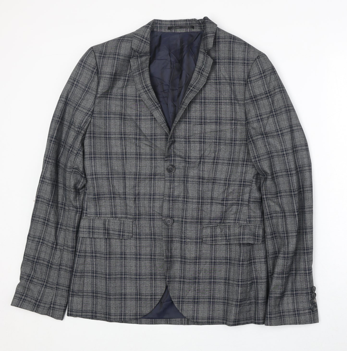 Topman Mens Grey Plaid Polyester Jacket Suit Jacket Size 38 Regular
