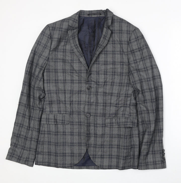 Topman Mens Grey Plaid Polyester Jacket Suit Jacket Size 38 Regular