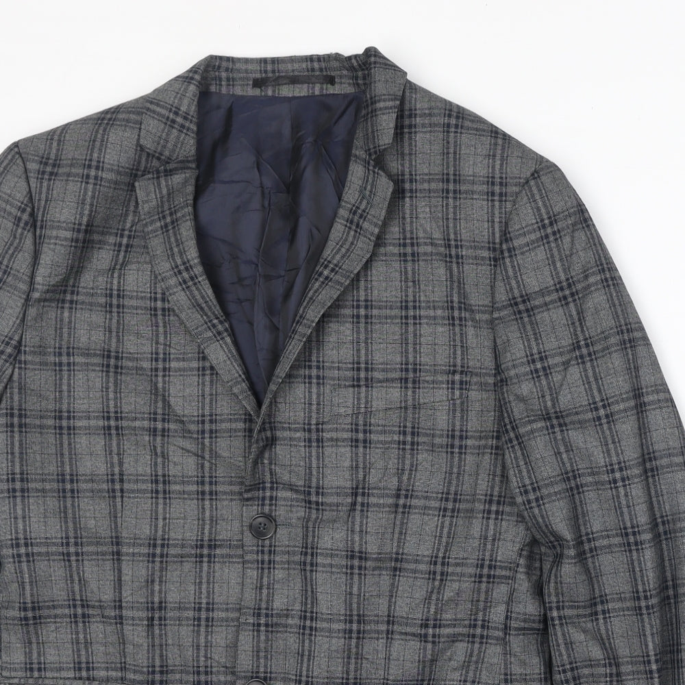 Topman Mens Grey Plaid Polyester Jacket Suit Jacket Size 38 Regular