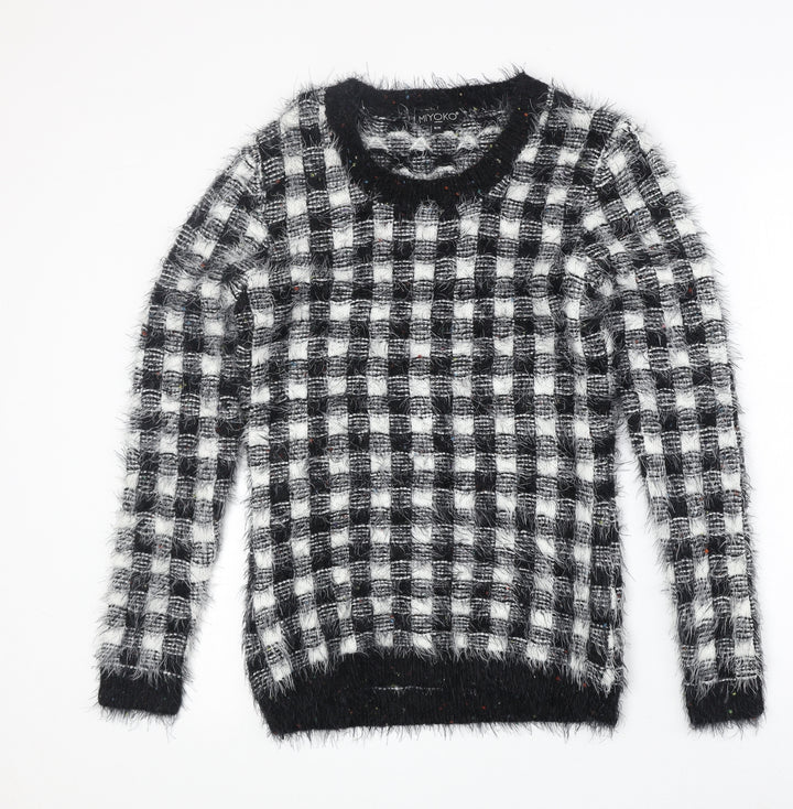 Miyoko Womens Black Round Neck Check Polyester Pullover Jumper Size S