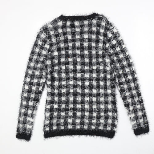Miyoko Womens Black Round Neck Check Polyester Pullover Jumper Size S