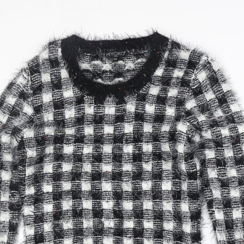 Miyoko Womens Black Round Neck Check Polyester Pullover Jumper Size S