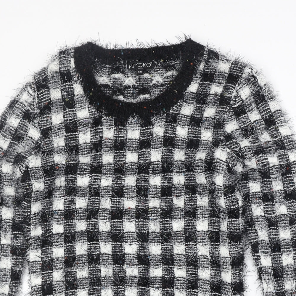 Miyoko Womens Black Round Neck Check Polyester Pullover Jumper Size S