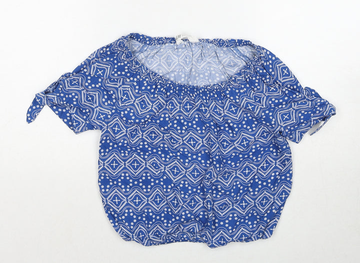 H&M Girls Blue Geometric Viscose Basic Blouse Size 11-12 Years Round Neck Pullover