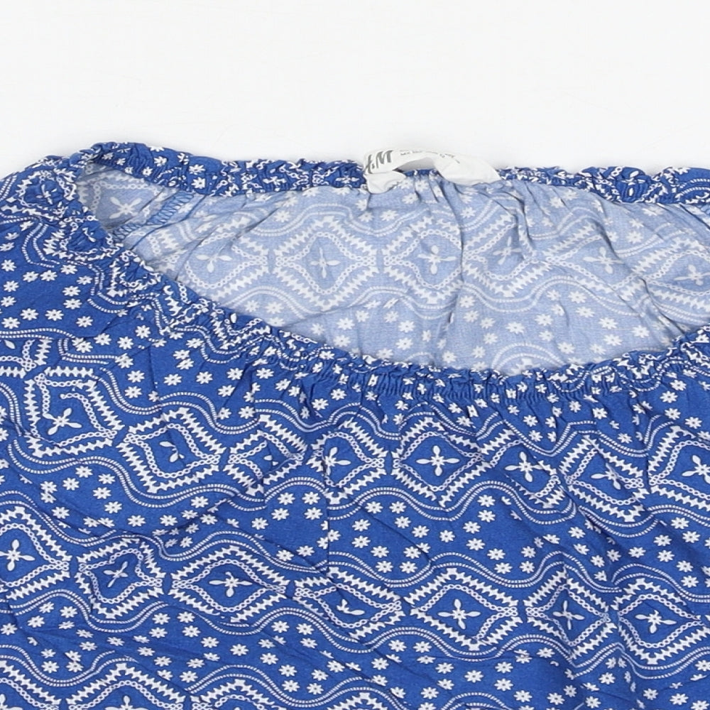 H&M Girls Blue Geometric Viscose Basic Blouse Size 11-12 Years Round Neck Pullover