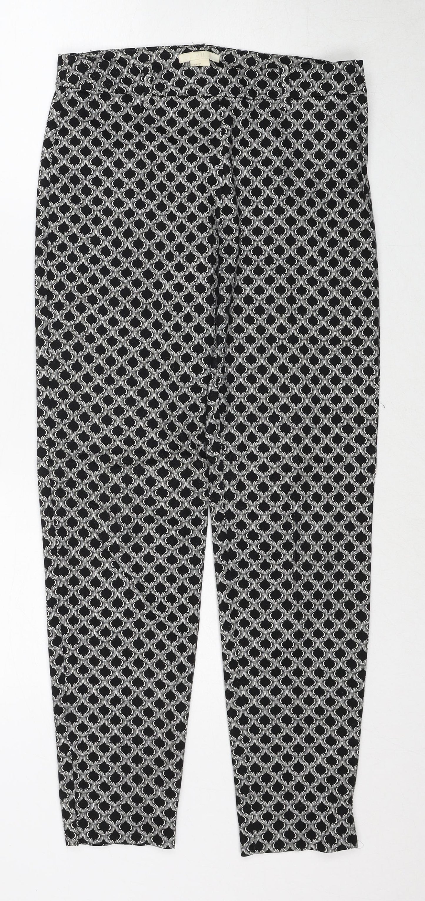 H&M Womens Black Geometric Cotton Trousers Size 6 Regular Zip