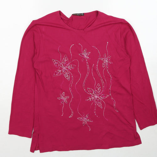 Tri&Pen Womens Pink Polyester Basic Blouse Size M Round Neck - Flower Detail