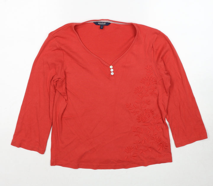 Debenhams Womens Orange Cotton Basic Blouse Size 12 V-Neck - Flower Detail