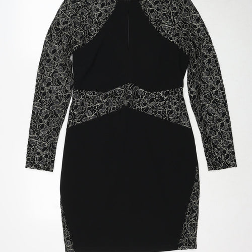 Body Flirt Womens Black Geometric Polyester A-Line Size M Round Neck Zip