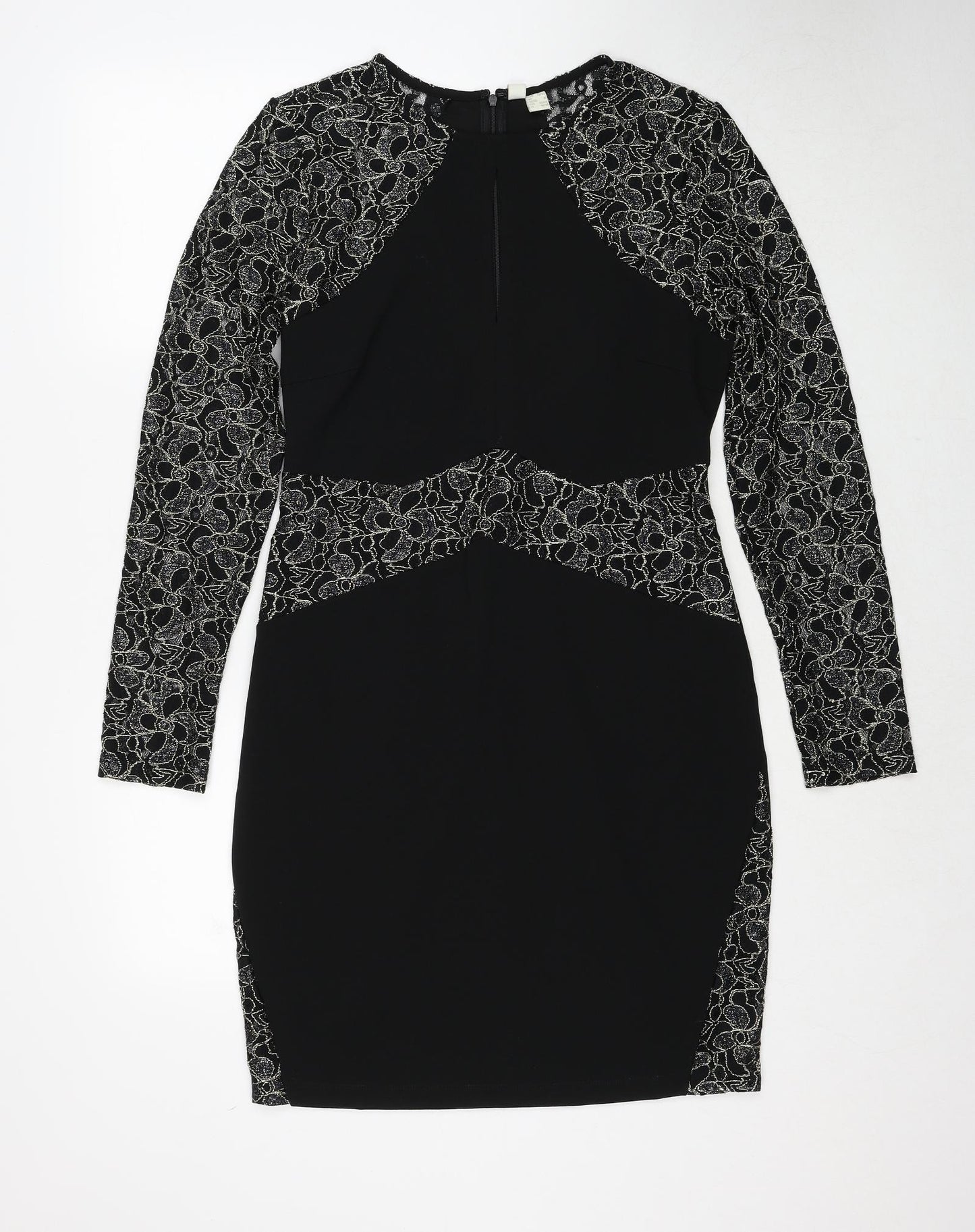 Body Flirt Womens Black Geometric Polyester A-Line Size M Round Neck Zip