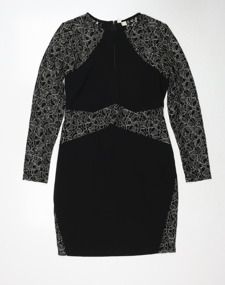 Body Flirt Womens Black Geometric Polyester A-Line Size M Round Neck Zip