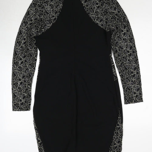 Body Flirt Womens Black Geometric Polyester A-Line Size M Round Neck Zip