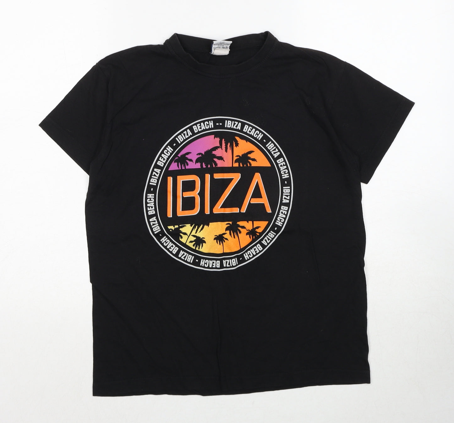 Planet 2000 Womens Black Cotton Basic T-Shirt Size S Round Neck - Ibiza Beach