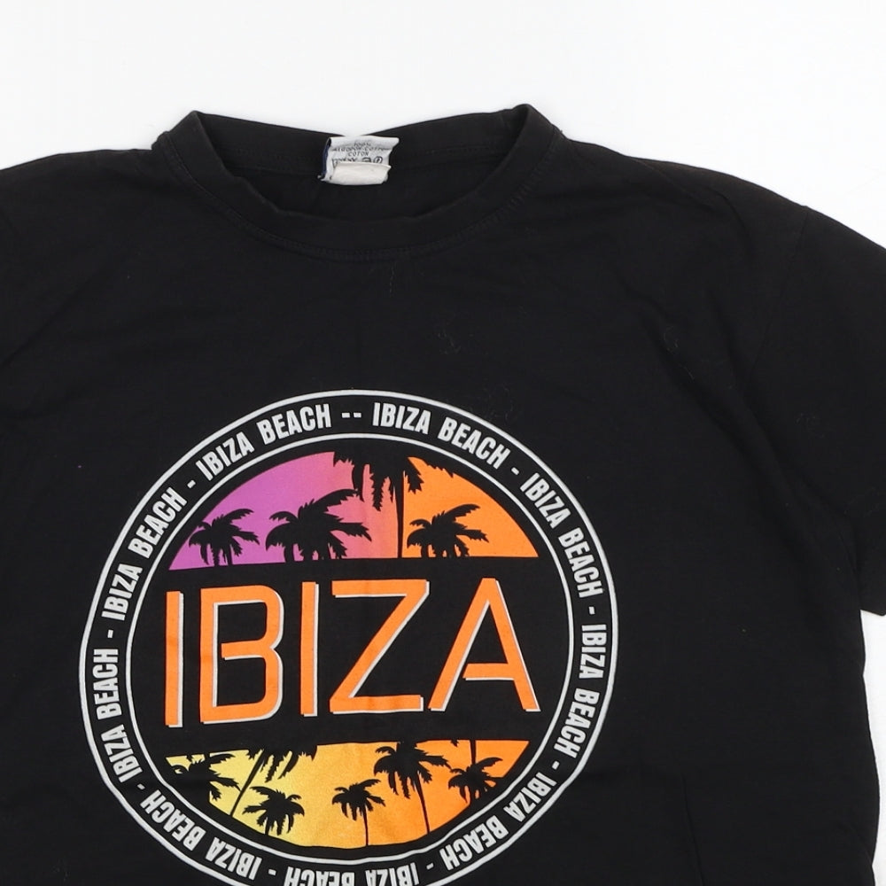 Planet 2000 Womens Black Cotton Basic T-Shirt Size S Round Neck - Ibiza Beach