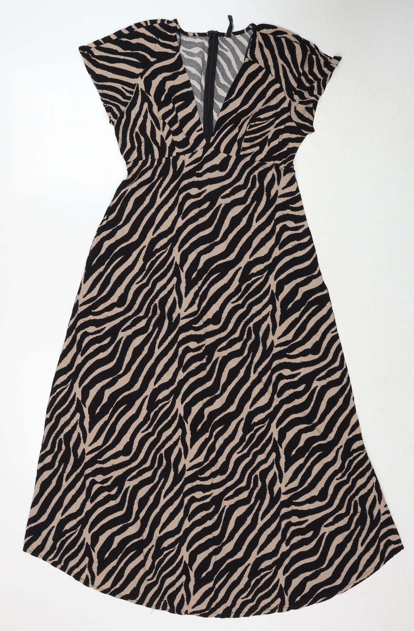 Stradivarius Womens Black Animal Print Polyester Trapeze & Swing Size M V-Neck Zip - Tiger Pattern
