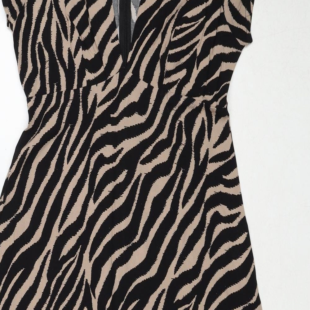 Stradivarius Womens Black Animal Print Polyester Trapeze & Swing Size M V-Neck Zip - Tiger Pattern