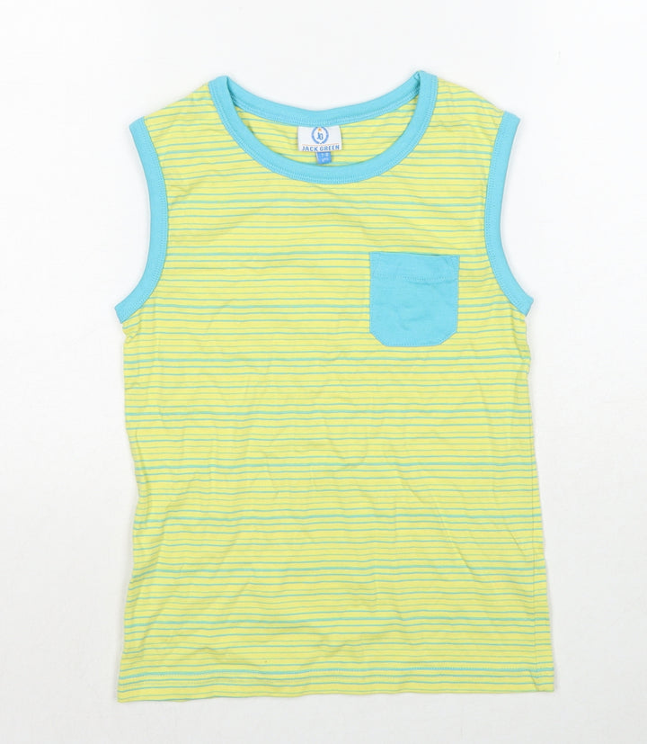 Jack Green Boys Yellow Striped Cotton Basic Tank Size 7-8 Years Round Neck Pullover