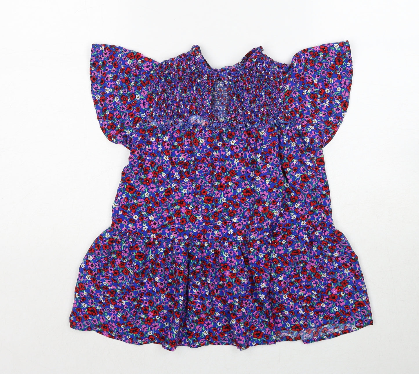 NEXT Girls Blue Floral Viscose Trapeze & Swing Size 4 Years Round Neck Button