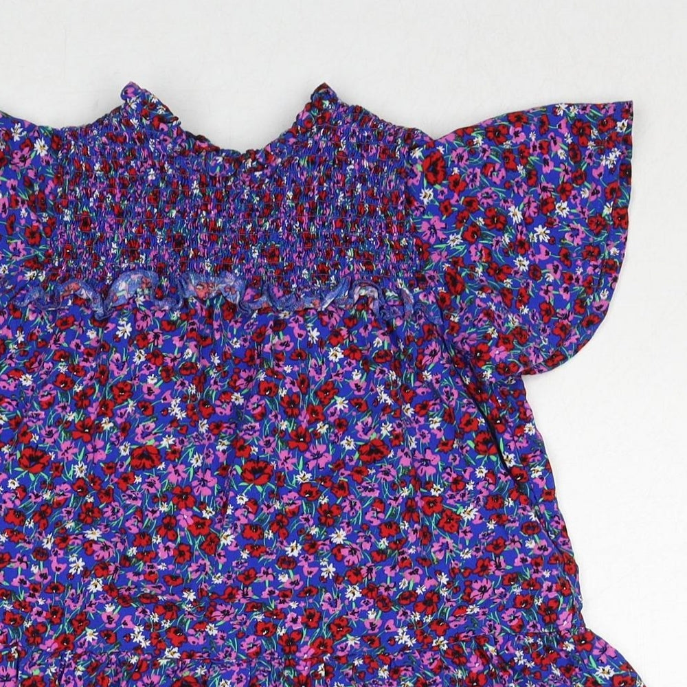 NEXT Girls Blue Floral Viscose Trapeze & Swing Size 4 Years Round Neck Button