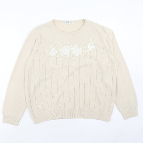 Berkertex Womens Beige Round Neck Acrylic Pullover Jumper Size 18 - Floral Detail