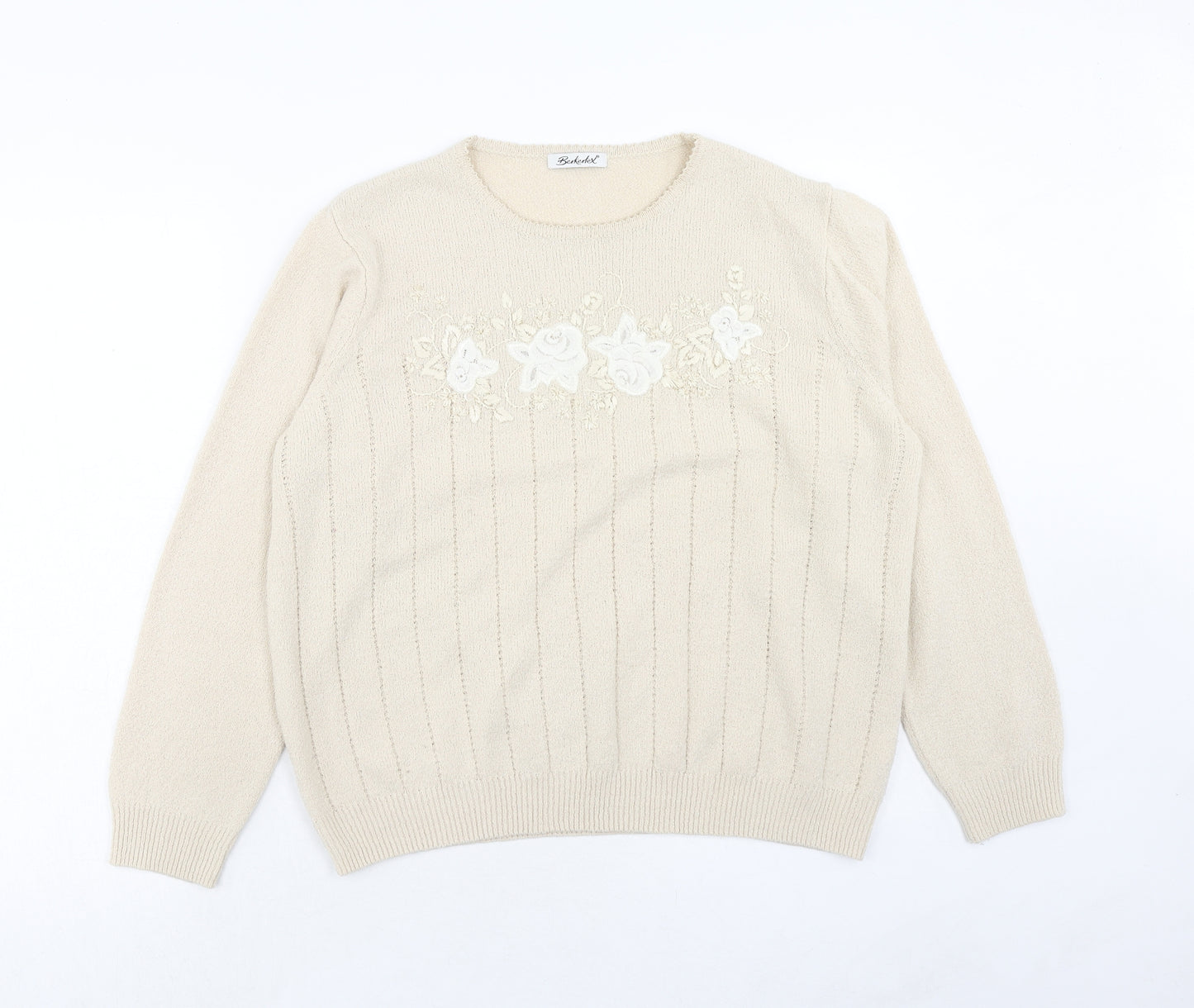 Berkertex Womens Beige Round Neck Acrylic Pullover Jumper Size 18 - Floral Detail