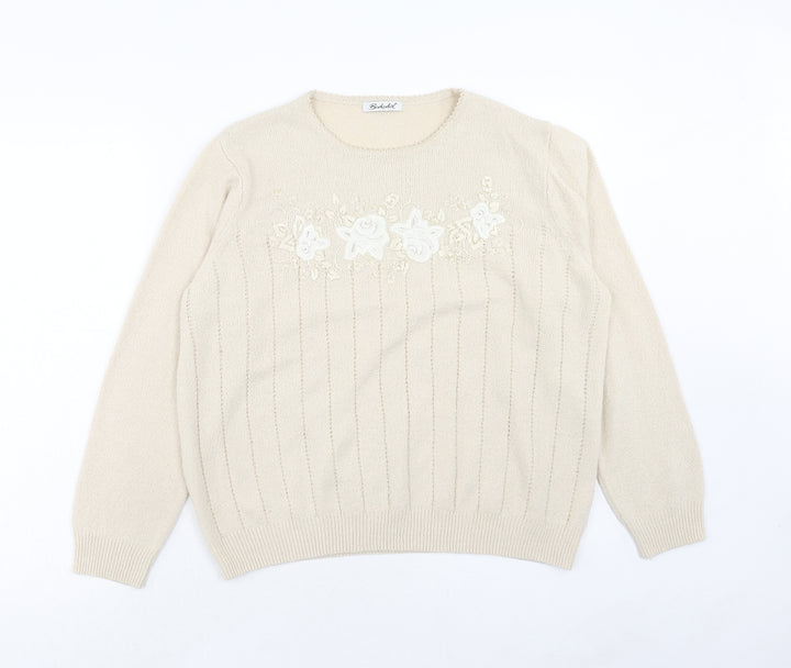 Berkertex Womens Beige Round Neck Acrylic Pullover Jumper Size 18 - Floral Detail