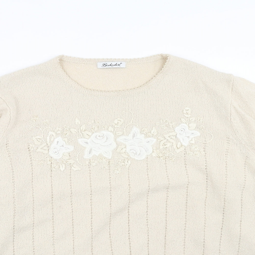 Berkertex Womens Beige Round Neck Acrylic Pullover Jumper Size 18 - Floral Detail