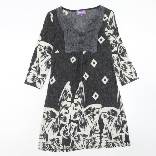 Purple Womens Grey Geometric Acrylic Jumper Dress Size XS V-Neck Pullover