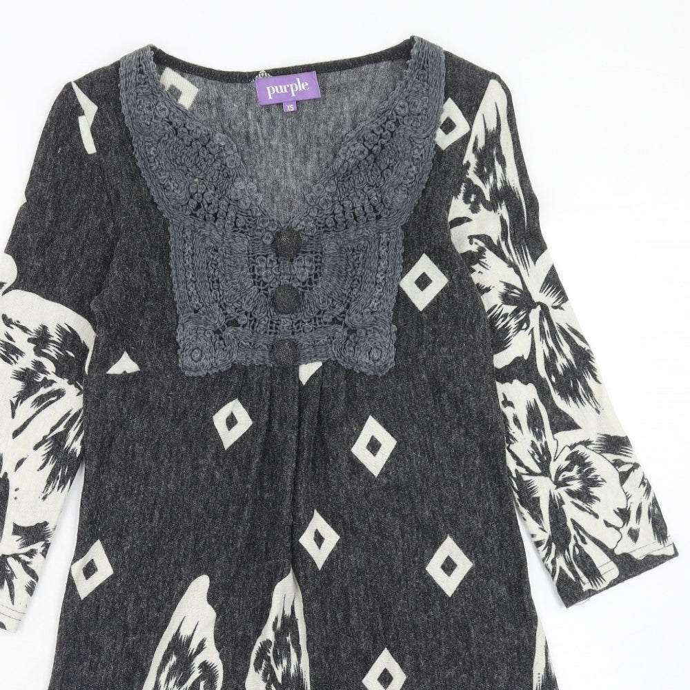 Purple Womens Grey Geometric Acrylic Jumper Dress Size XS V-Neck Pullover
