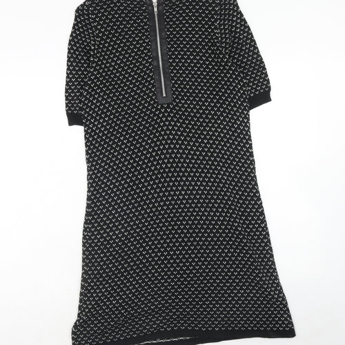 Cooperative Womens Black Geometric Cotton Jumper Dress Size L Round Neck Zip
