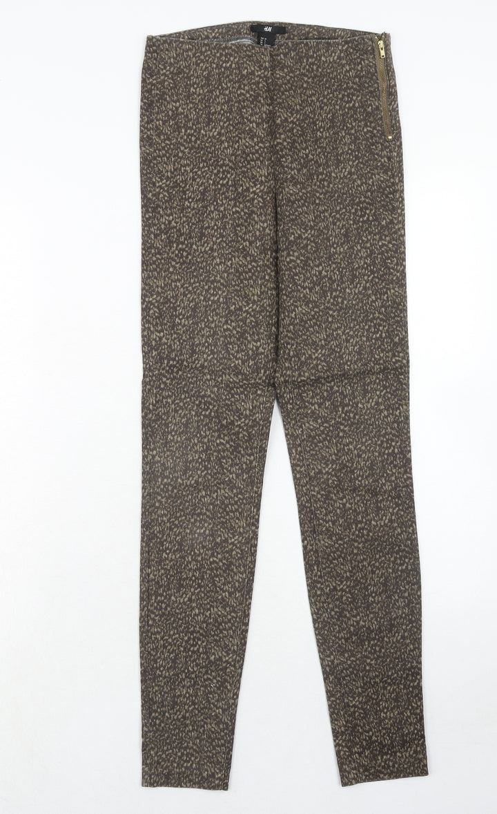 H&M Womens Brown Animal Print Cotton Trousers Size 6 Regular Zip