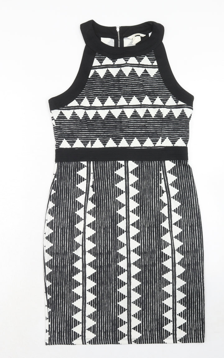 H&M Womens Black Geometric Polyester Bodycon Size M Round Neck Zip