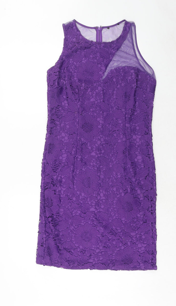 Klass Womens Purple Geometric Polyester A-Line Size 12 Round Neck Zip