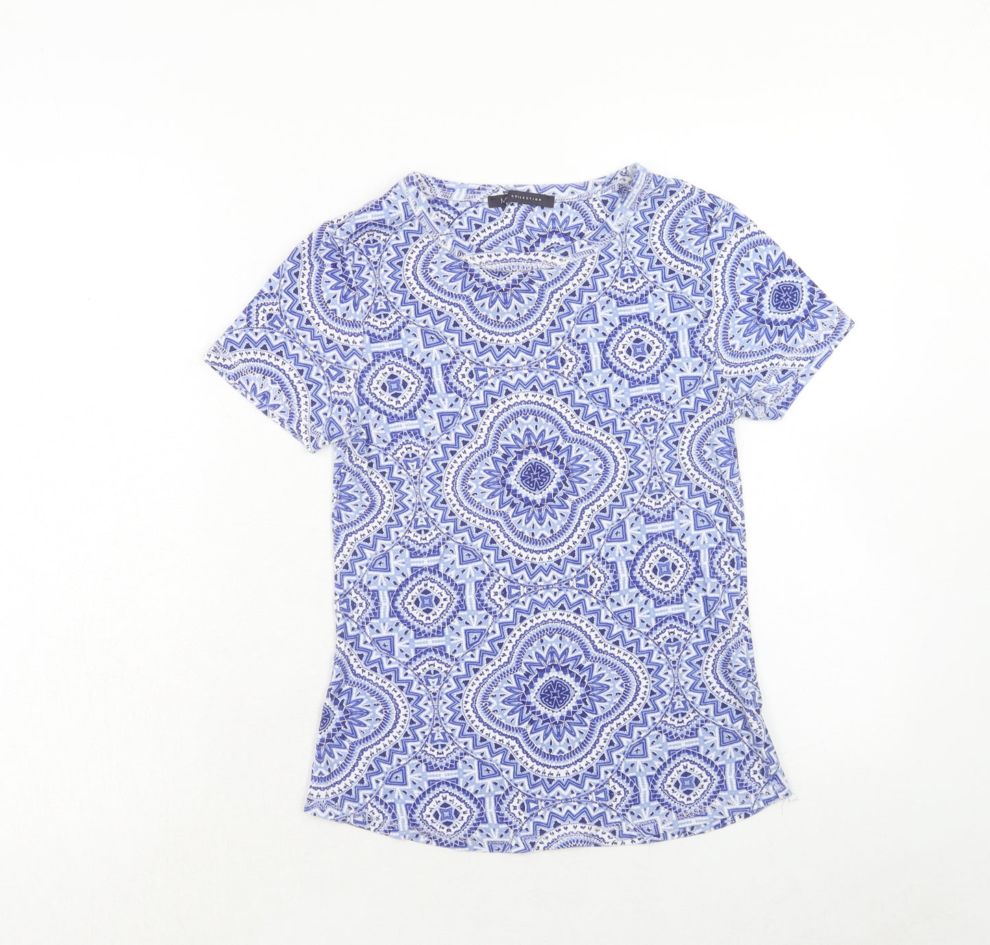 Marks and Spencer Womens Blue Geometric Cotton Basic T-Shirt Size 8 Round Neck