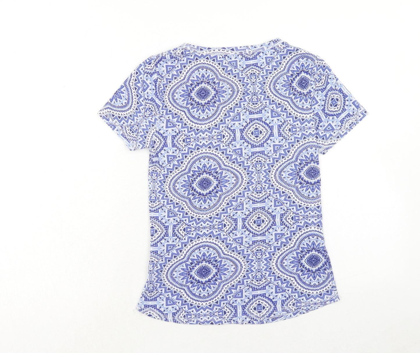 Marks and Spencer Womens Blue Geometric Cotton Basic T-Shirt Size 8 Round Neck