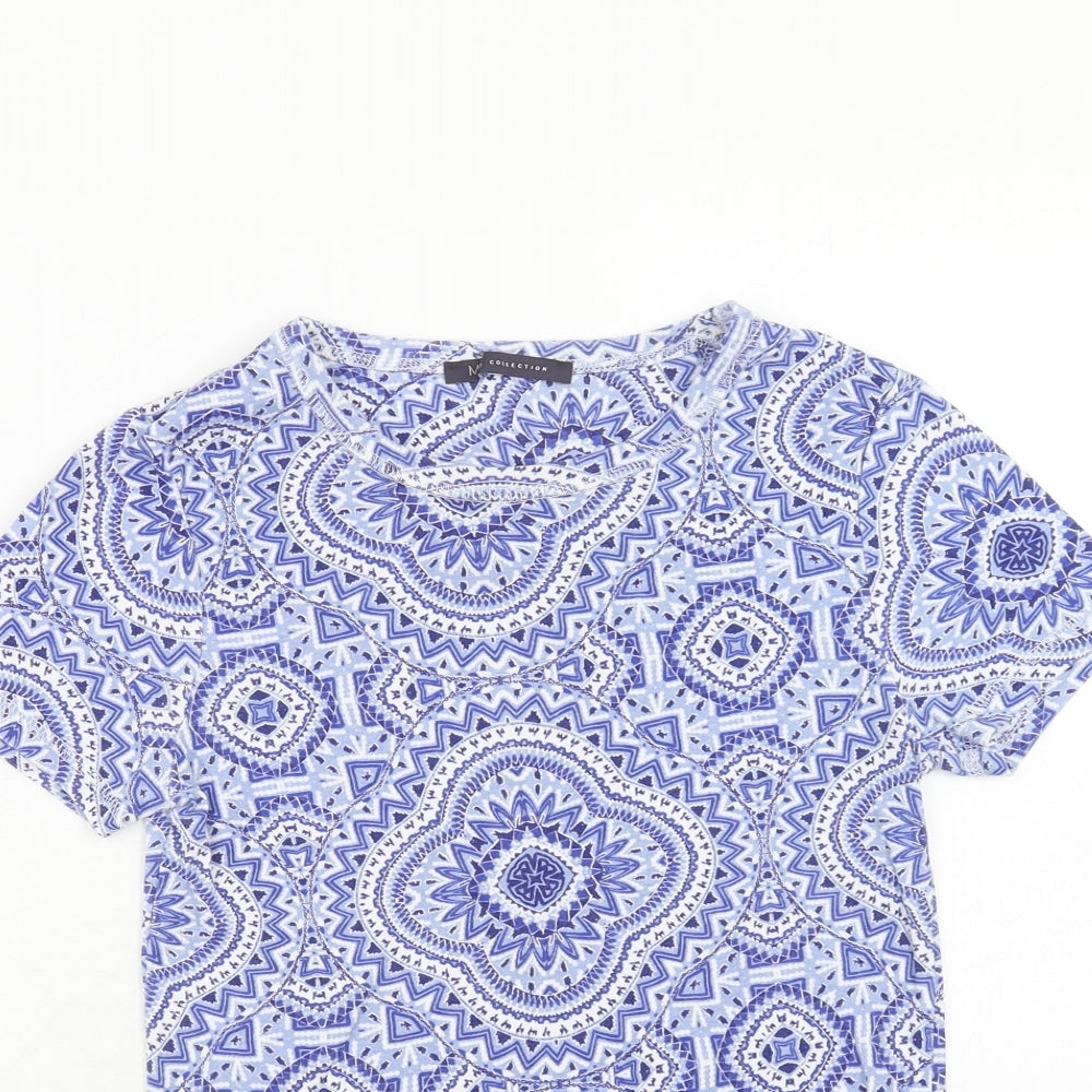 Marks and Spencer Womens Blue Geometric Cotton Basic T-Shirt Size 8 Round Neck