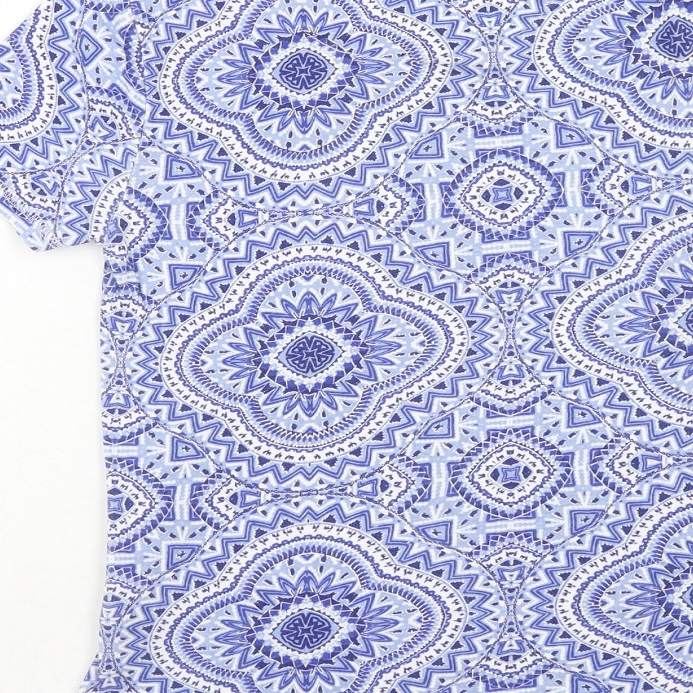 Marks and Spencer Womens Blue Geometric Cotton Basic T-Shirt Size 8 Round Neck