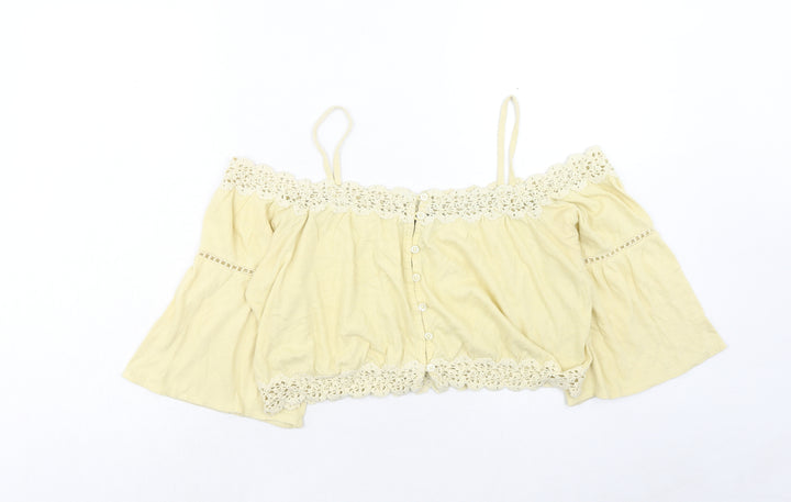 Topshop Womens Yellow Cotton Cropped Blouse Size 10 Off the Shoulder