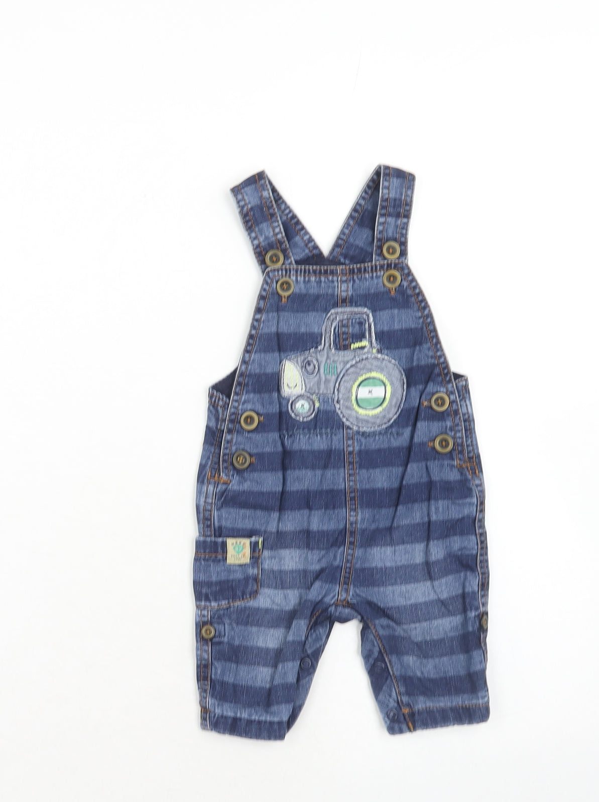 NEXT Boys Blue Striped Cotton Dungaree One-Piece Size 0-3 Months Button - Tractor