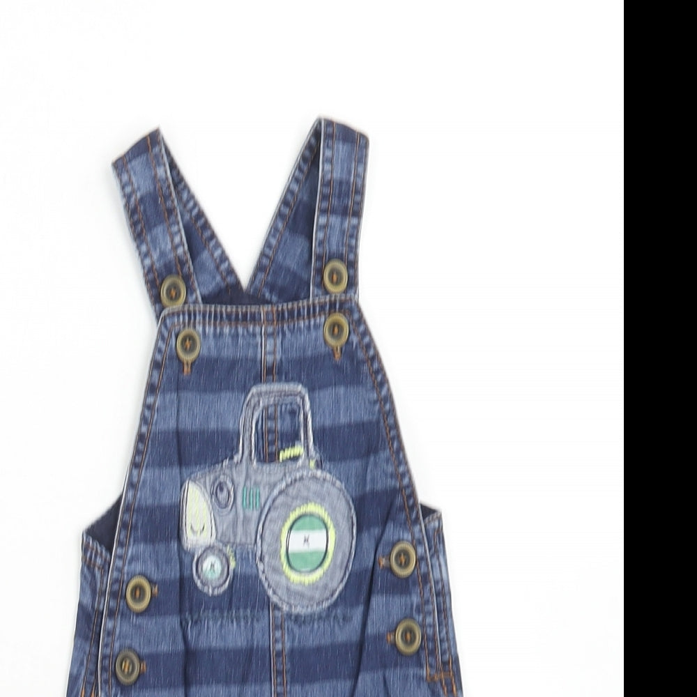 NEXT Boys Blue Striped Cotton Dungaree One-Piece Size 0-3 Months Button - Tractor