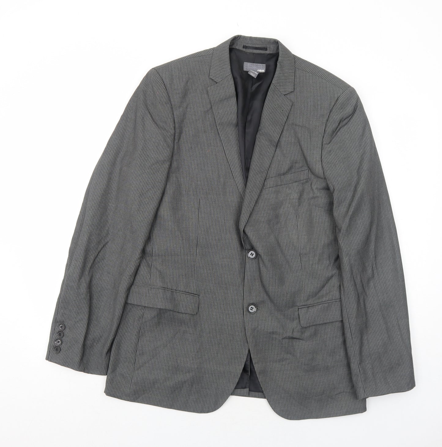 H&M Mens Grey Striped Polyester Jacket Suit Jacket Size 40 Regular